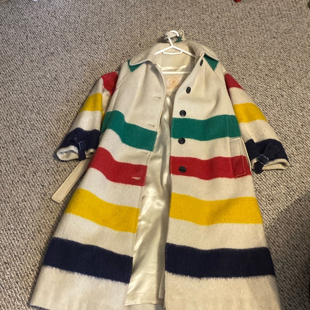 Vintage Hudson Bay Coat Womens Large 4 Point Blanket Stripe Hooded Long Trench - Picture 1 of 8